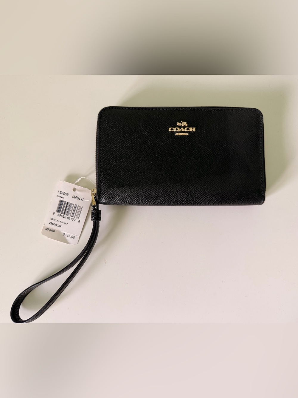 Coach Black Leather Zip Wristlet with Gold Logo